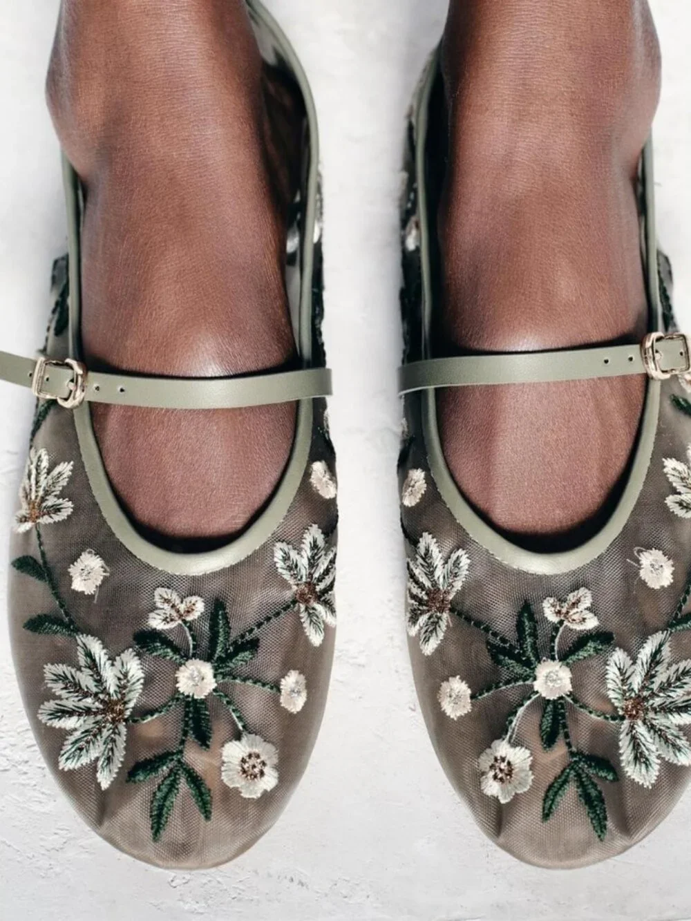 Floral Embroidered Mesh Ballet Flats for Women | Round Toe Mary Jane Style